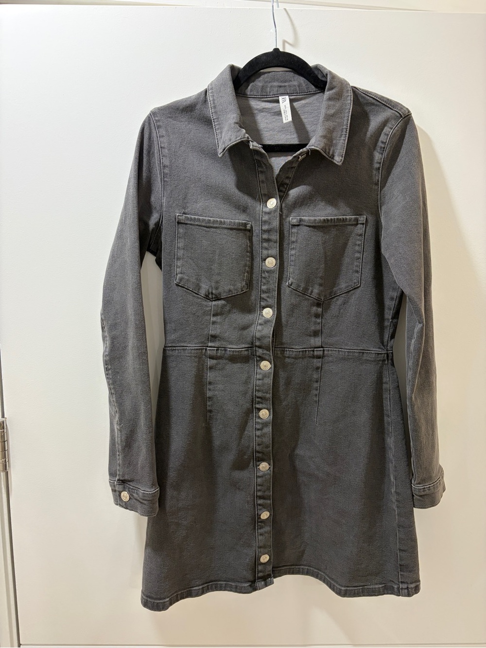 Zara Dark Gray Button-Front Long Sleeve Shirt Dress